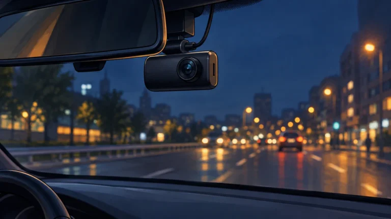 Dashcam générique fixée derrière un rétroviseur sur une route de nuit