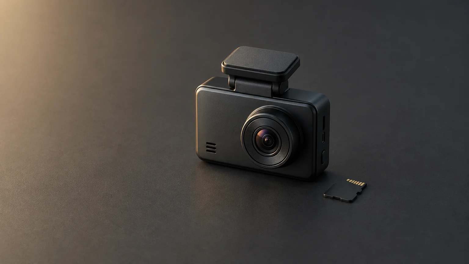 Dashcam compacte et carte mémoire sur un fond sobre