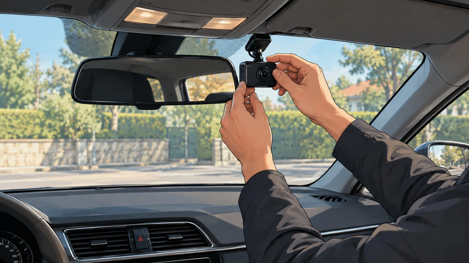 Installation soignée d’une dashcam derrière le rétroviseur d’une voiture