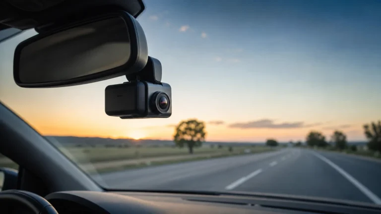 Dashcam automobile installée derrière un rétroviseur sur une route française