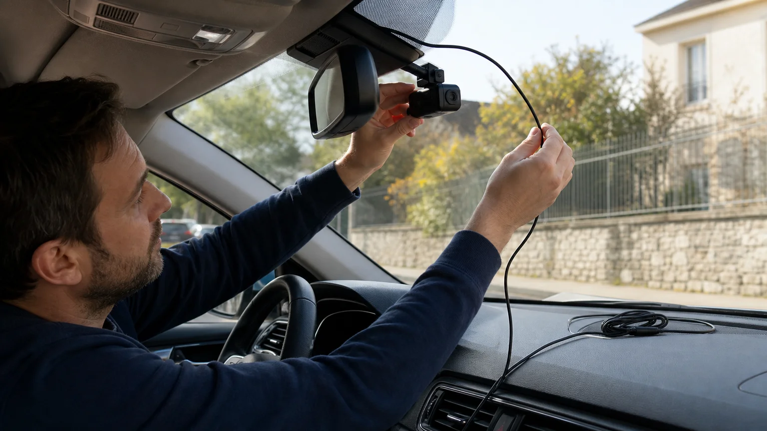 Installation soignée d’une dashcam avant et arrière dans une voiture