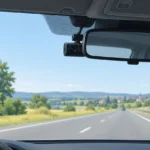 Dashcam discrète installée derrière le rétroviseur d’une voiture sur une route française