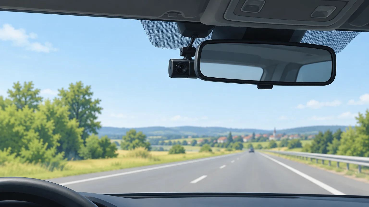 Dashcam discrète installée derrière le rétroviseur d’une voiture sur une route française