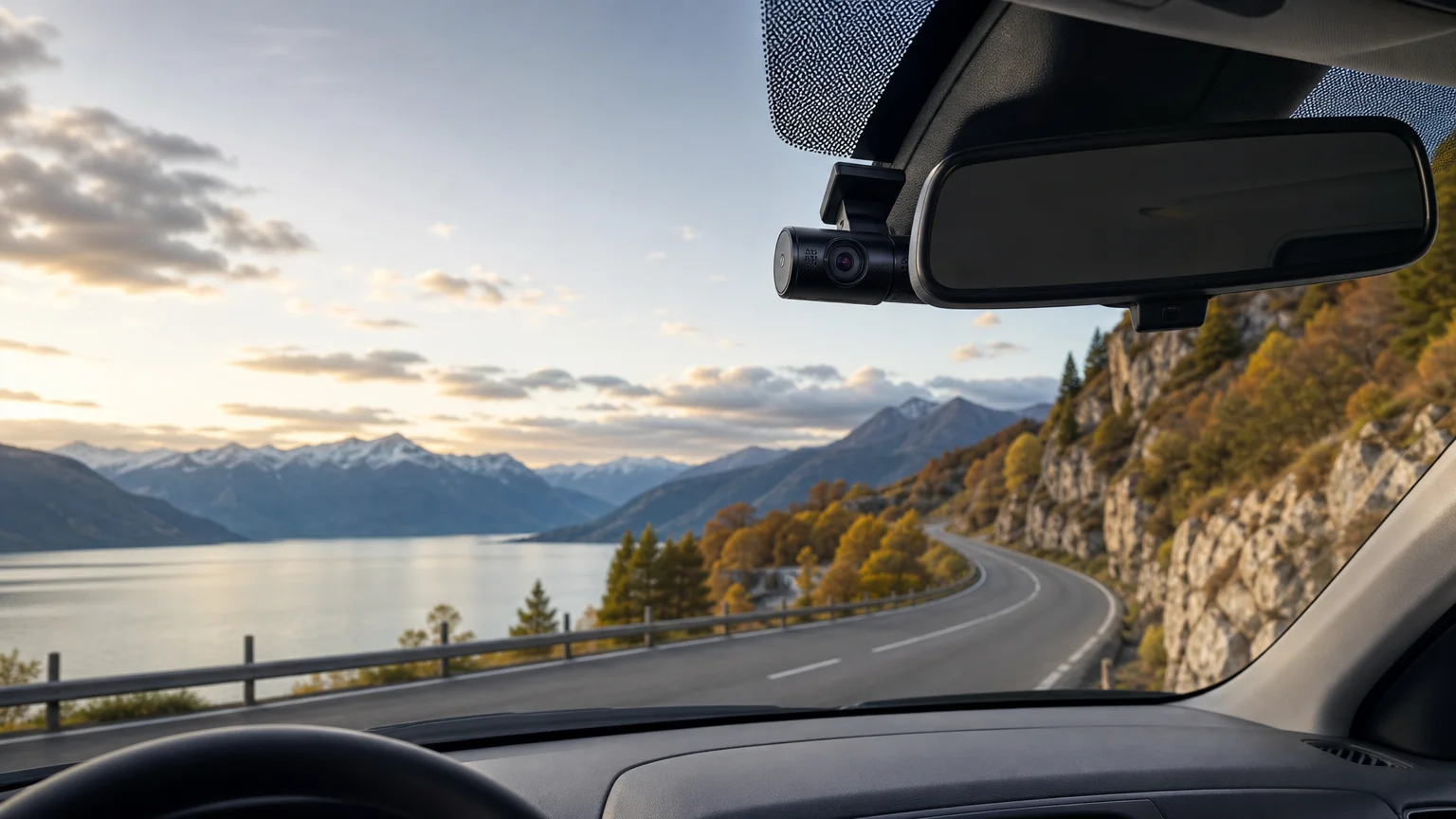 Dashcam discrète installée derrière le rétroviseur sur une route suisse
