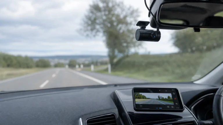Dashcam installée derrière le rétroviseur avec un téléphone Android affichant une application de caméra embarquée