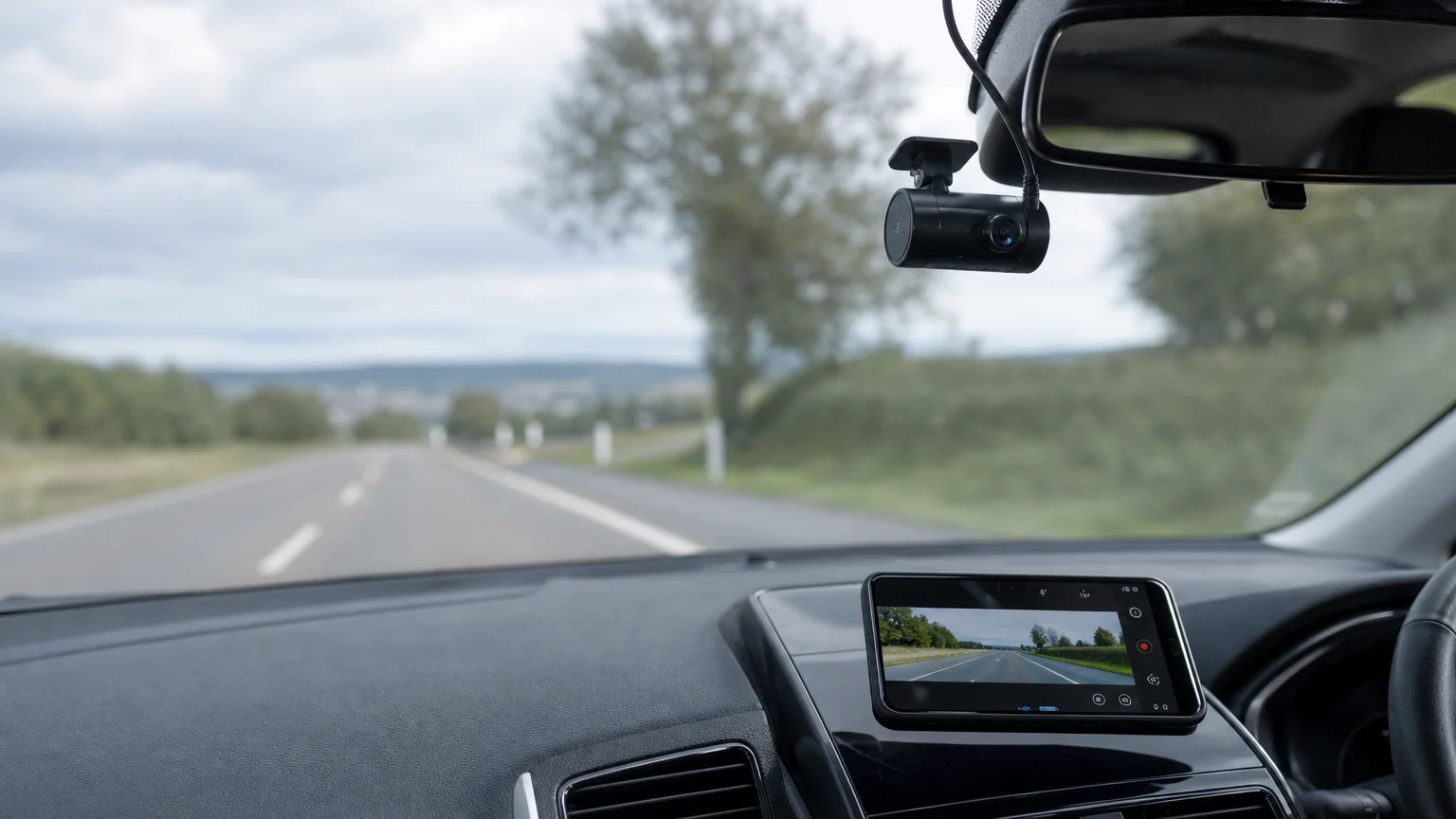 Dashcam installée derrière le rétroviseur avec un téléphone Android affichant une application de caméra embarquée