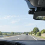 Dashcam discrète installée derrière le rétroviseur d’une voiture sur une route française