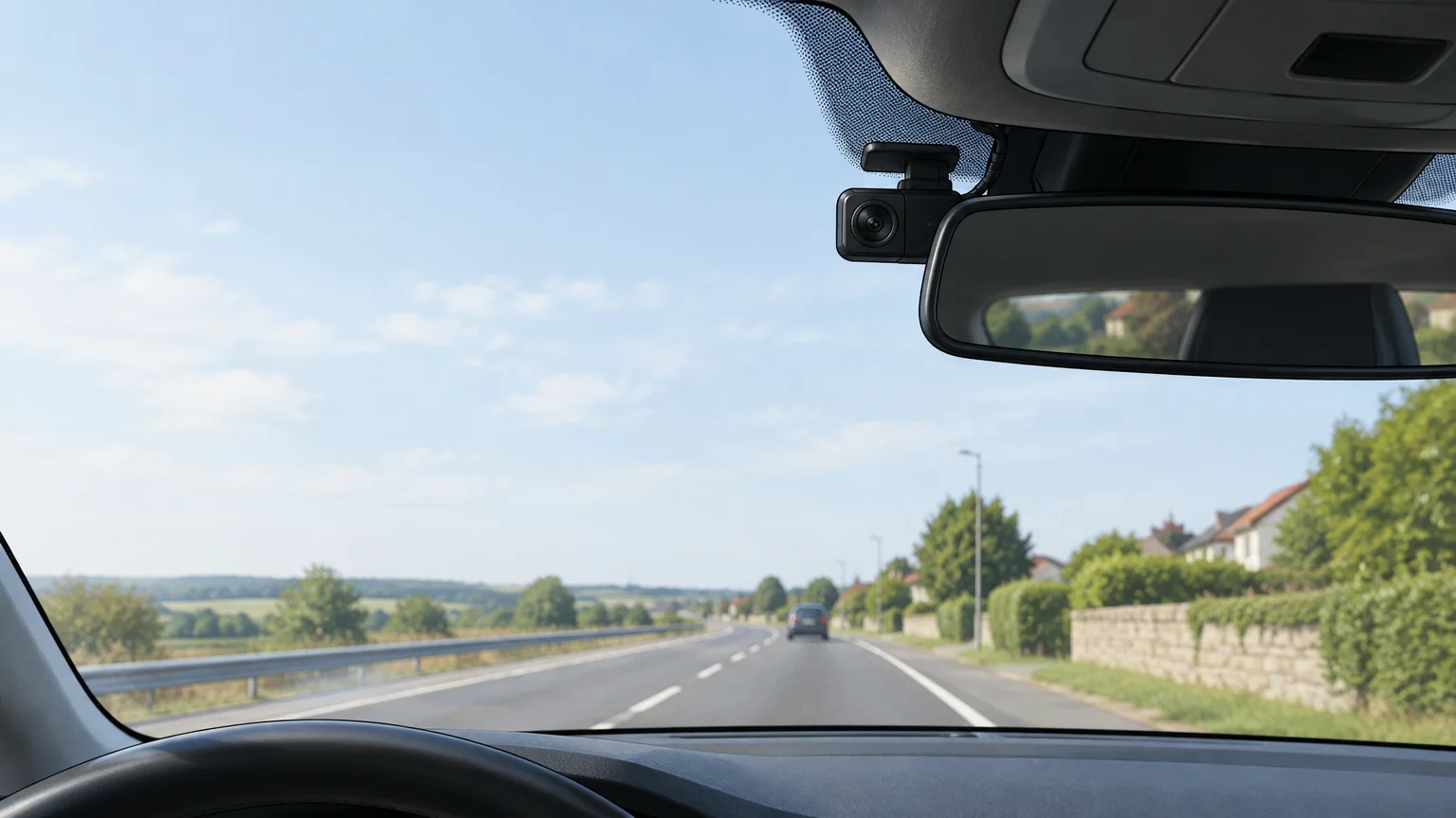 Dashcam discrète installée derrière le rétroviseur d’une voiture sur une route française