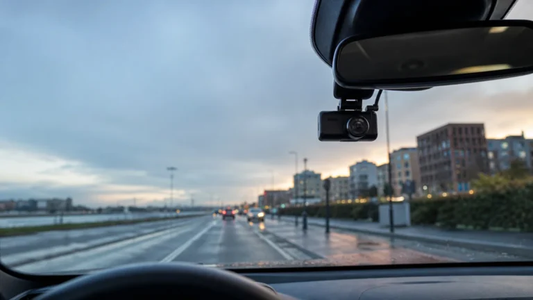 Dashcam discrète installée derrière le rétroviseur d’une voiture sur une route belge humide