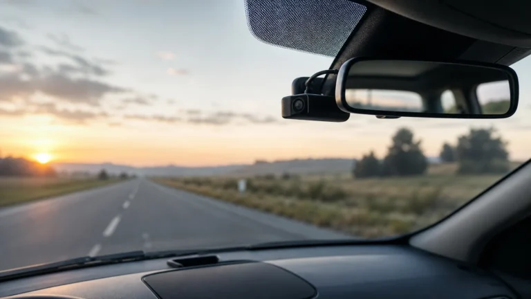 Dashcam discrète installée derrière le rétroviseur sur une route française