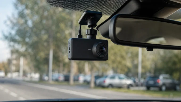 Dashcam automobile installée derrière un rétroviseur