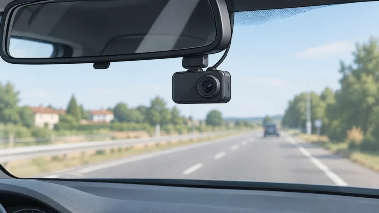 Dashcam 4K installée derrière le rétroviseur d’une voiture