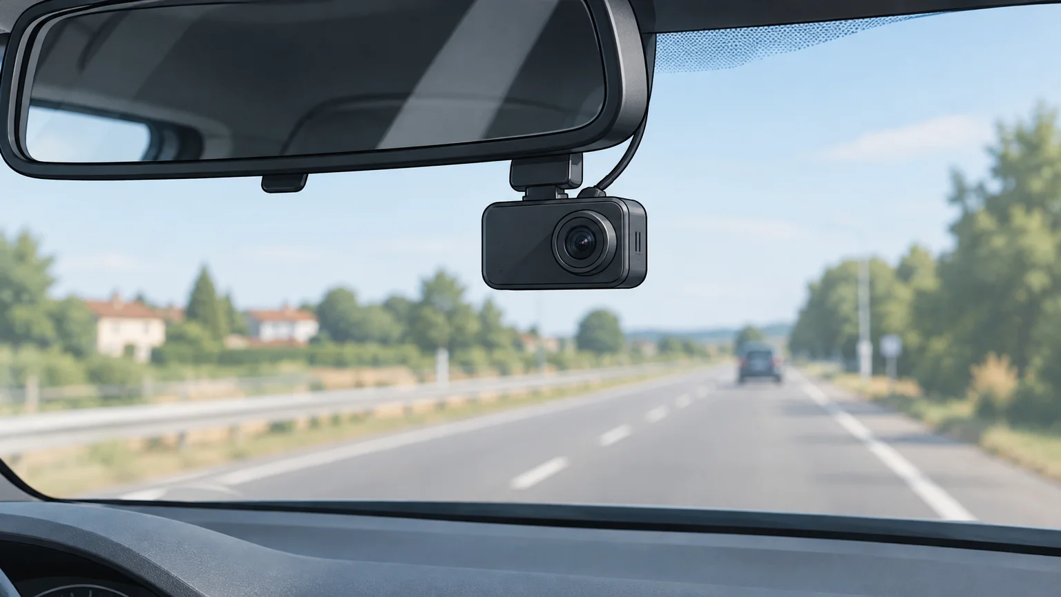 Dashcam 4K installée derrière le rétroviseur d’une voiture
