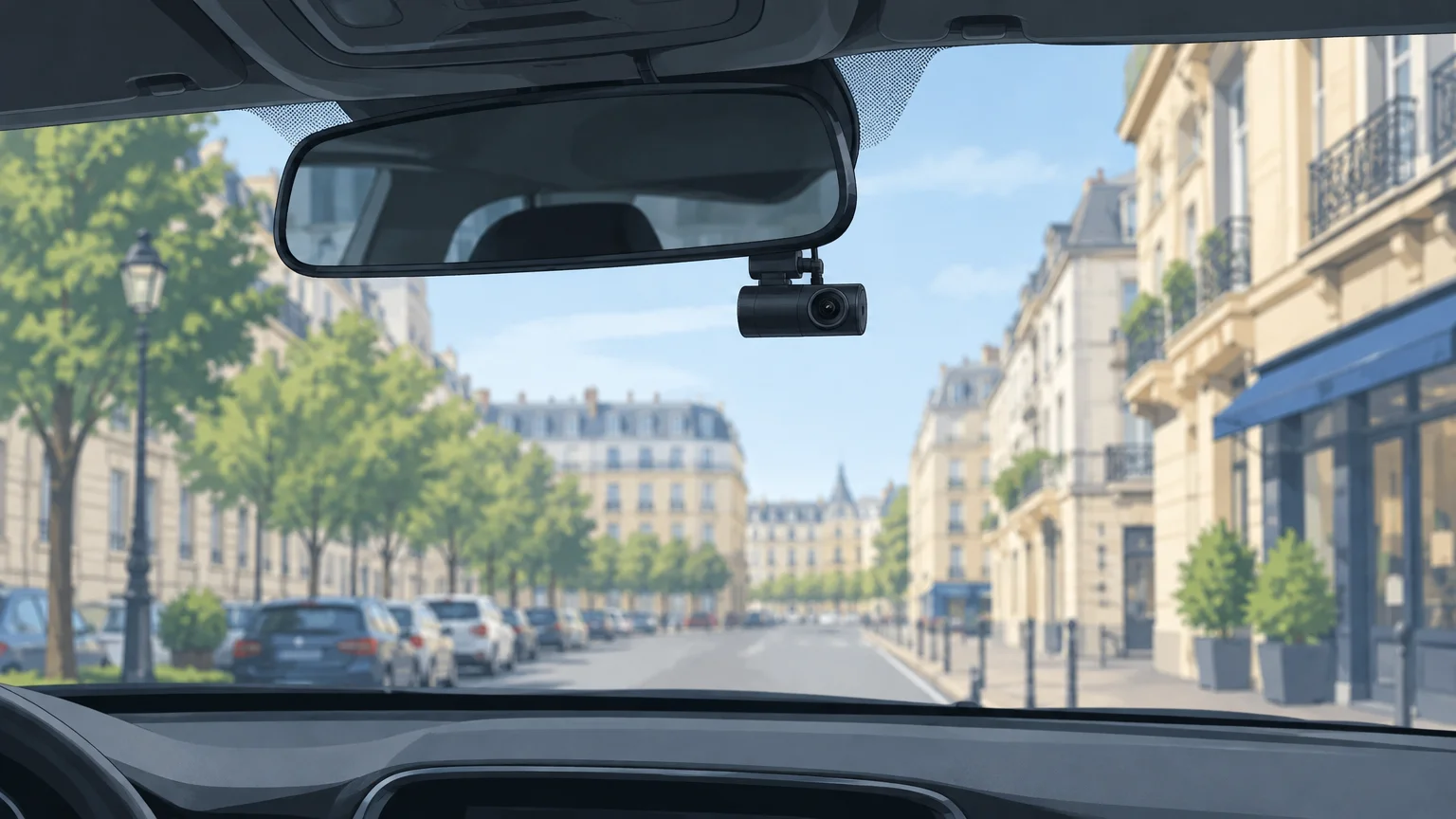 Dashcam discrète installée derrière le rétroviseur d’une voiture