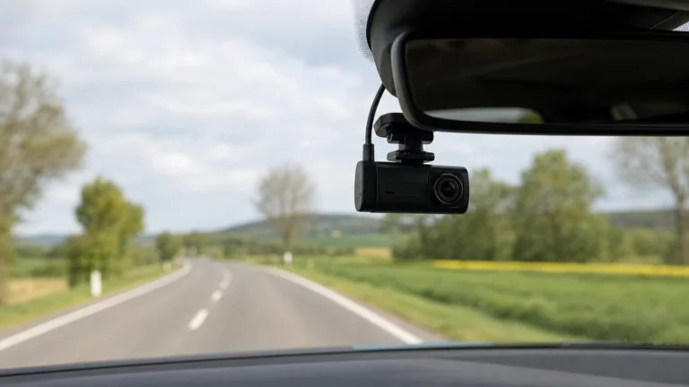 Dashcam discrète installée derrière le rétroviseur d’une voiture, sur une route française