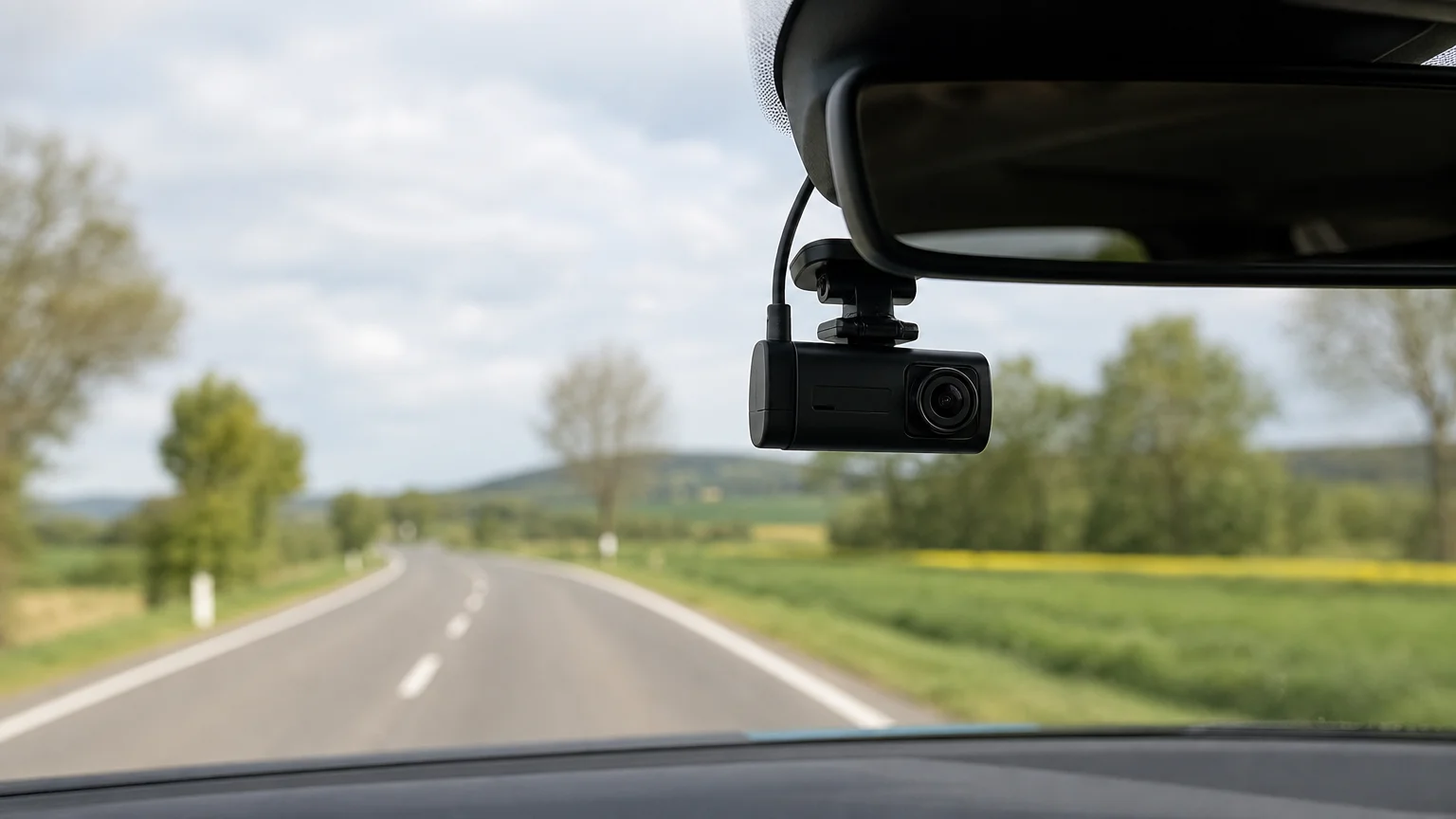 Dashcam discrète installée derrière le rétroviseur d’une voiture, sur une route française