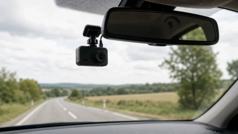 Dashcam générique fixée derrière un rétroviseur, face à une route française