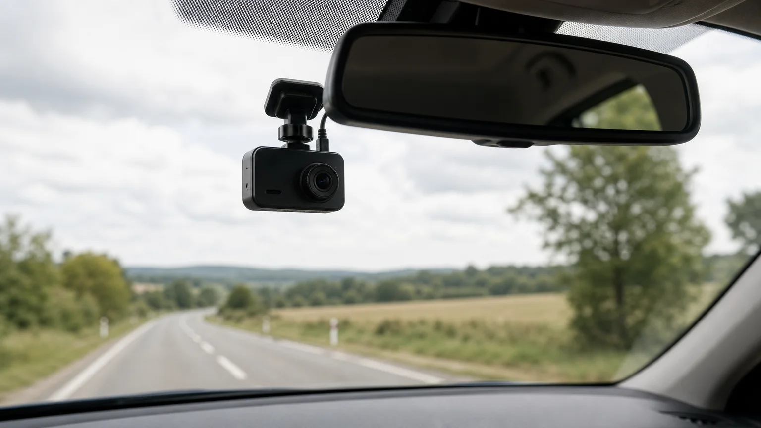 Dashcam générique fixée derrière un rétroviseur, face à une route française