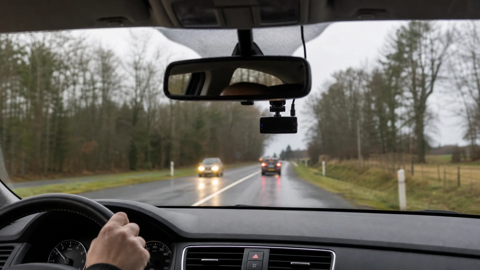Une dashcam installée derrière le rétroviseur pendant un trajet sur route française