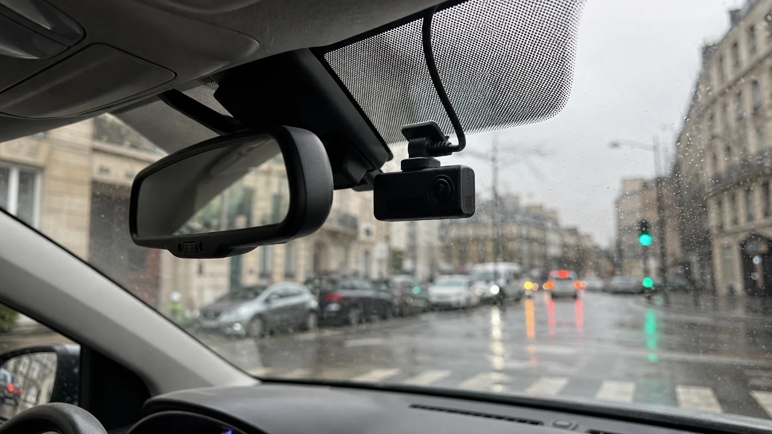 Caméra embarquée installée derrière le rétroviseur d’une voiture