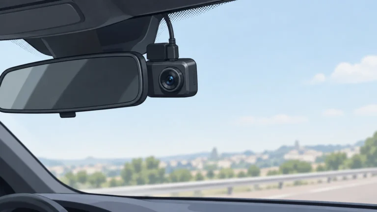 Dashcam compacte installée derrière le rétroviseur d’une voiture