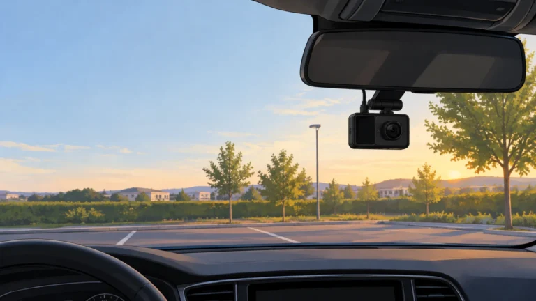 Dashcam discrète fixée derrière le rétroviseur d’une voiture stationnée