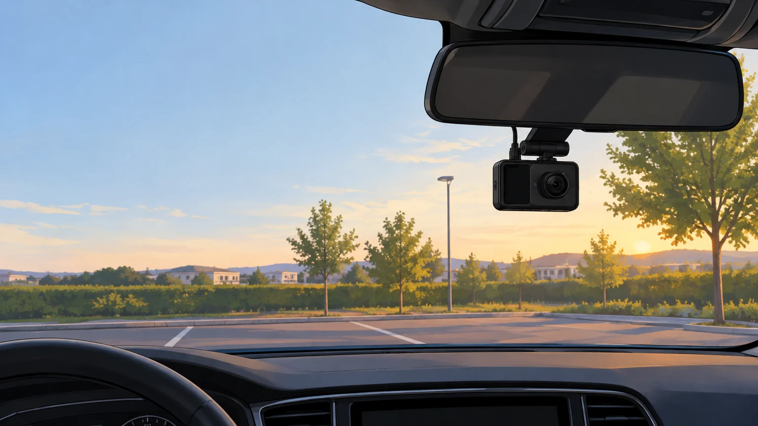 Dashcam discrète fixée derrière le rétroviseur d’une voiture stationnée
