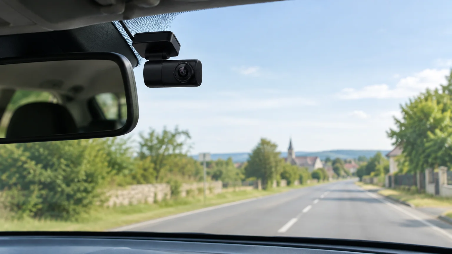 Dashcam discrète installée près du rétroviseur, avec une route visible à travers le pare-brise